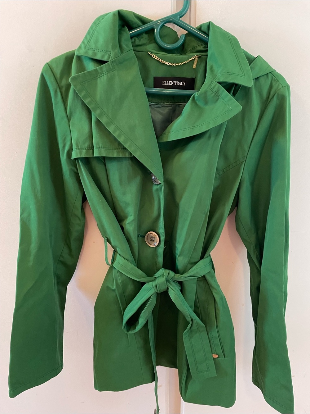 Ellen Tracy Emerald Green Tie-Waist Trench Coat